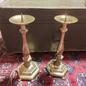 Vintage West Germany Brass Pricket Candlesticks Set of 2 Hexagonal Footed 15"